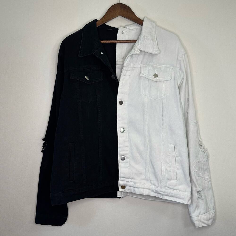 Unique Size L Half Black & White Color Block Distressed Jean Jacket